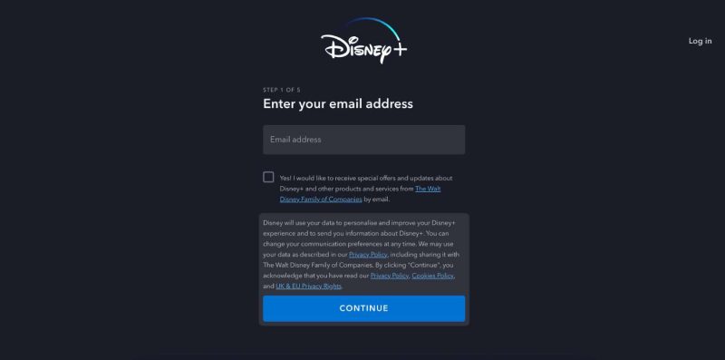 Pagina de completare email pe Disney+