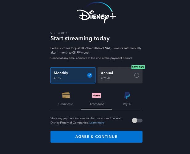 Pagina Disney+ de alegere a unui abonament și forma de plată