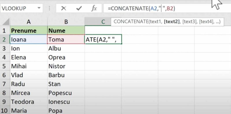 Funcția CONCATENATE Excel