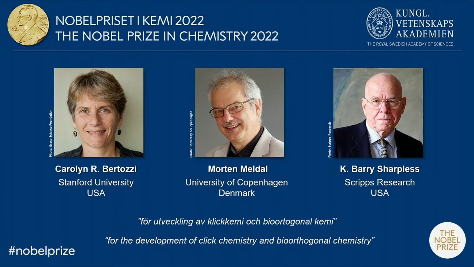 Carolyn R. Bertozzi, Morten Meldal și K. Barry Sharpless sunt câștigătorii Premiului Nobel pentru Chimie 2022 Carolyn R. Bertozzi, Morten Meldal și K. Barry Sharpless sunt câștigătorii Premiului Nobel pentru Chimie 2022