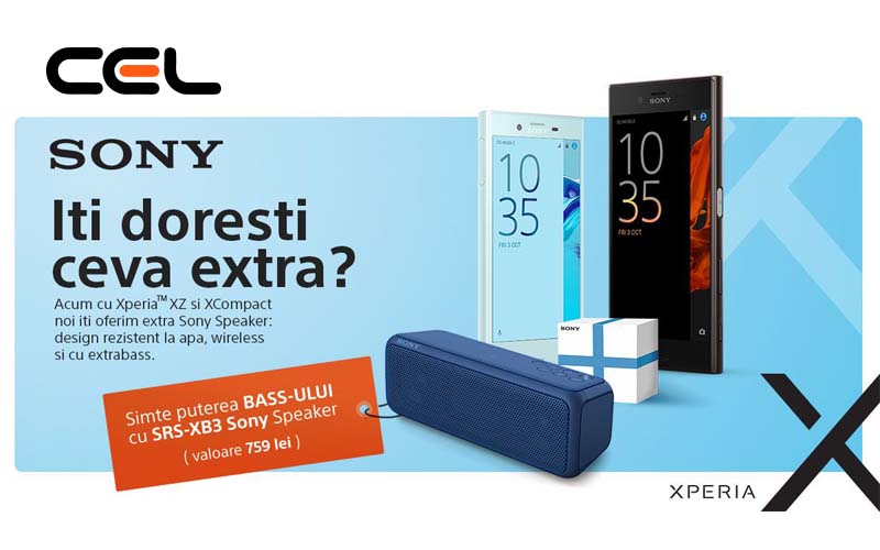 Cumpără un Xperia XZ sau X Compact de la Cel.ro și primești cadou o boxă portabilă Campanie Sony Xperia de la Cel.ro