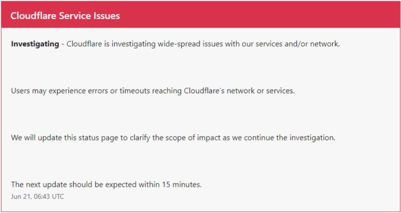 O întrerupere gigantică a Cloudflare afectează internetul, mii de site-uri sunt inaccesibile 1 Mesajul aflat pe pagina Cloudflare System Status