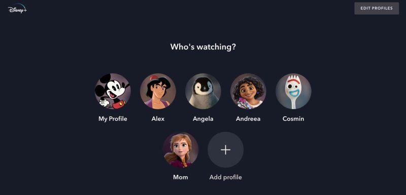 Pagina de profiluri Disney+