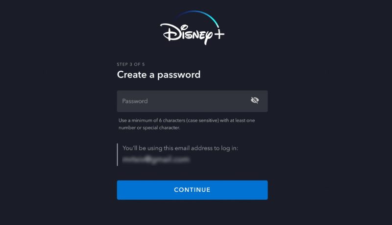 Pagina de completare parola pe Disney+