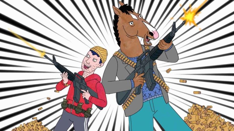 BoJack Horseman, un cal uman și un bărbat înarmați