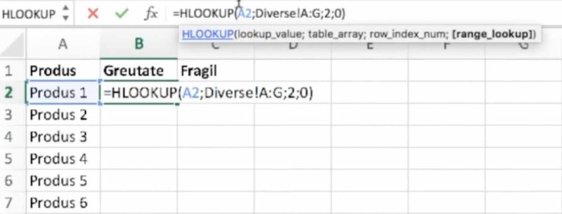 Funcția HLOOKUP Excel