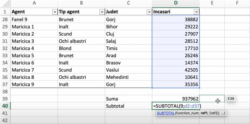 Funcția SUBTOTAL Excel