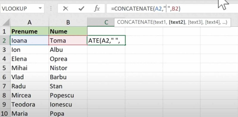 Funcții Excel. Cele mai bune funcții Excel pe care ar trebui să le știi 5 Funcția CONCATENATE Excel