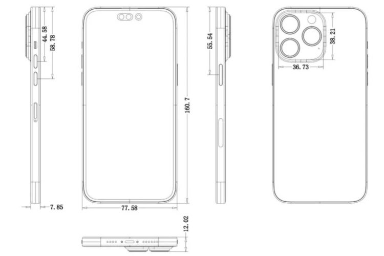 Schiță iPhone 14 Pro Max pe toate laturile cu dimensiunile exacte