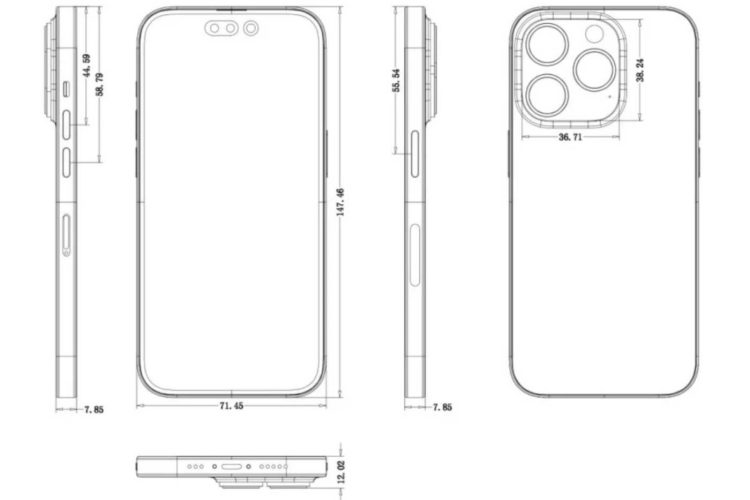 Schiță iPhone 14 Pro pe toate laturile cu dimensiunile exacte