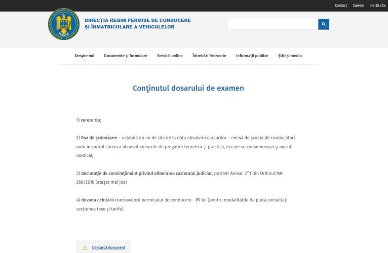 Conținutul dosarului de examen